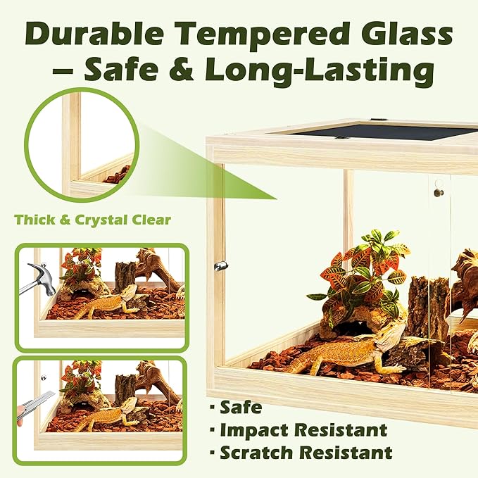 PROLEE Reptile Tank, 82 Gallon Beard Dragon Tank, Tempered Glass Reptile Encloure and Snake Tank with Locking Design for Lizard,Gecko,Chameleon (48"X19.5"X19.5",Oak)