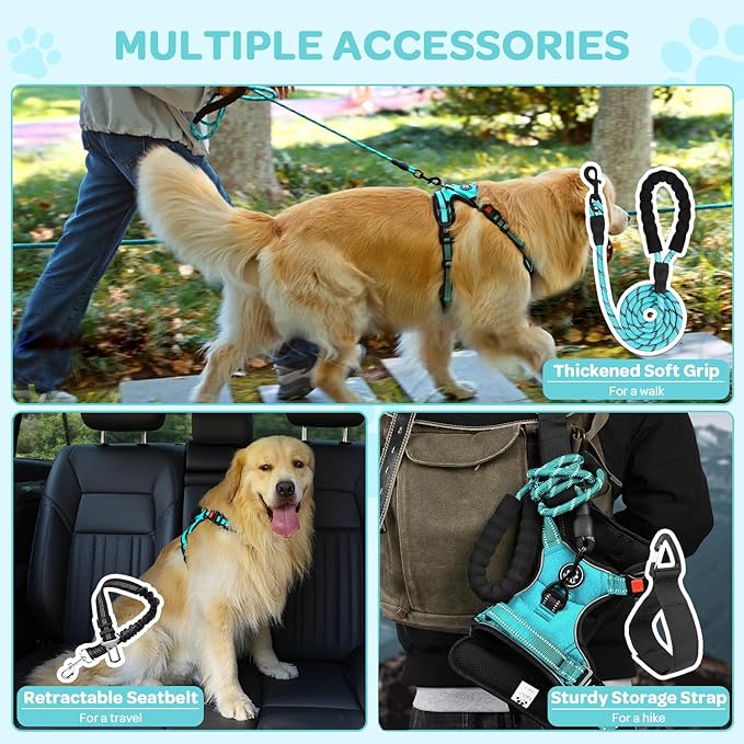 FURRYFECTION Plaid Dog Harness for Large Dogs, Reflective No Pull Adjustable Pet Vest with Front Clip, Leash, Easy Control Handle and Seat Belt, Turquoise, L