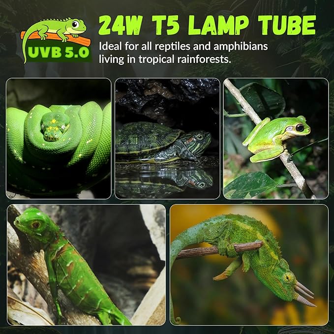 GlowUp 22inch 24W T5 5.0 UVB Light for Reptiles Light Fixture Combo Kit Reptile Lamp Tube Terrarium Hood UVB Light for Bearded Dragon Rainforest Dwelling Reptiles, Chameleons, Iguanas, Turtles