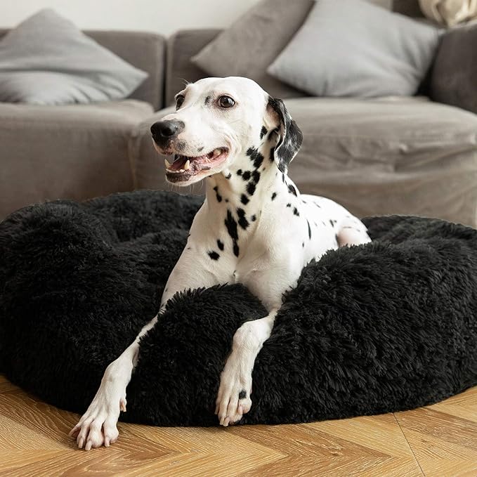 HACHIKITTY Calming Donut Cuddler Dog Bed, Round Fluffy Pet Bed for Large Dogs,Washable, Large, Black, 30''