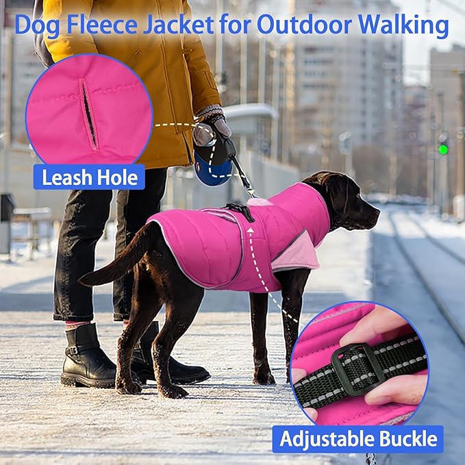 MIGOHI Thermal Large Dog Fleece Jacket - Rainproof Coat for Large Dogs, Thick Dog Winter Coat,Snow Jacket for Dogs Windproof for Hunting Camping,Windy Chilly Days,Doberman,Great Dane,3XL,Rosepink