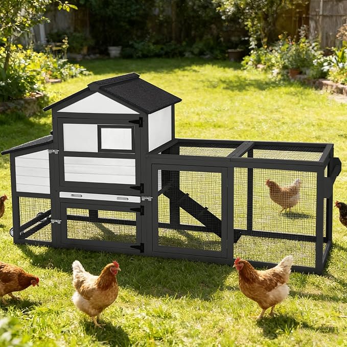 Chicken Coop Outdoor Mobile Chicken House, Expandable Hen House with Wheels, Nesting Box, Leakproof Pull-on Tray and UV-Resistant Roof Panel (White)