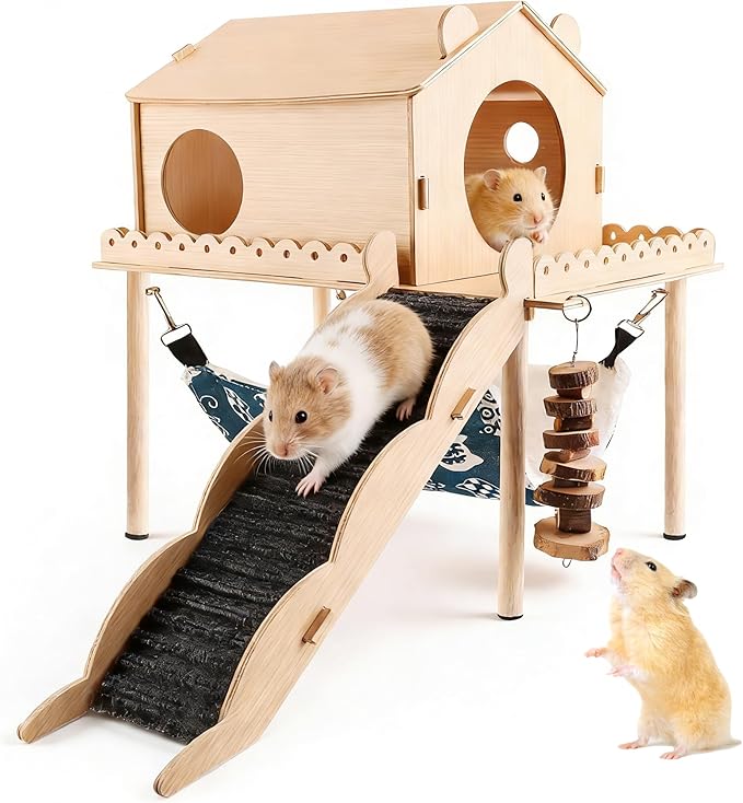 Guinea Pig Hideout Wooden Guinea Pig Castle with Stair, Hammock and House Detachable Double-Decker Guinea Pigs House for Guinea Pigs Hamsters Rabbit Chinchilla Small Animal Hiding Sleeping Activities