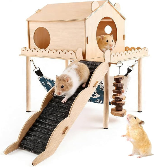 Guinea Pig Hideout Wooden Guinea Pig Castle with Stair, Hammock and House Detachable Double-Decker Guinea Pigs House for Guinea Pigs Hamsters Rabbit Chinchilla Small Animal Hiding Sleeping Activities