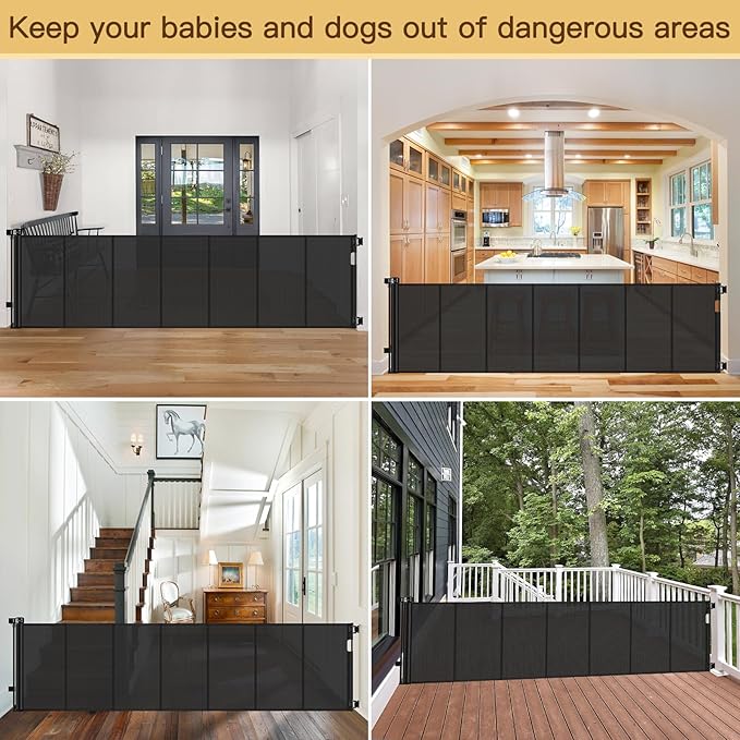 Reinforced 159 Inch Extra Wide Baby Gate for Large Opening with Support Rod, Indoor/Outdoor Retractable Baby Gates Extra Wide, Prevent Babies and Dogs from Crawling Through Retractable Dog Gate, Black