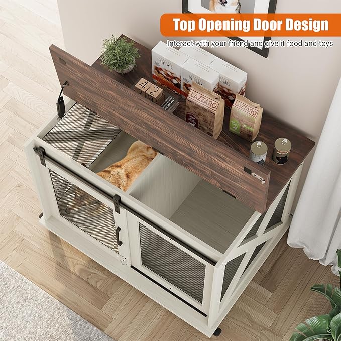 GarveeLife 37" Dog Crate Furniture, Side End Table, Farmhouse Dog Crate with Sliding Barn Door, Flip Top Wooden Dog Kennel with Wheels and Movable Divider, Indoor Dog Cage House for Medium Dogs