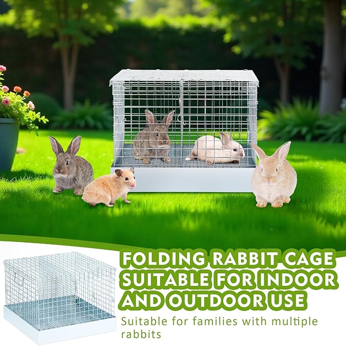 DoubleFill 2 Hole Folding Rabbit Transport Cage, Portable Bunny Carrier with Tray and Handles for Travel or Temporary Housing, Indoor Outdoor Pet Habitat Animal Enclosure(18 x 18 x 14 in)