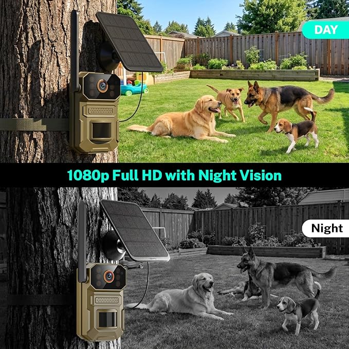 4G LTE Cellular Trail Camera with Solar Panel, 1080p Full HD Pet Cameras, Motion Detection, Live View, Night Vision, Two-Way Talk, IP65, Built-in SIM Card, Unlimited Plan (Sold Separately)