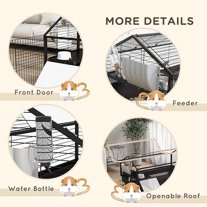 PawHut Small Animal Cage with Foldable Run Area, Rolling Bunny Cage, Guinea Pig Cage with Water Bottle, Water Bowl, and Ramps, 46.5"