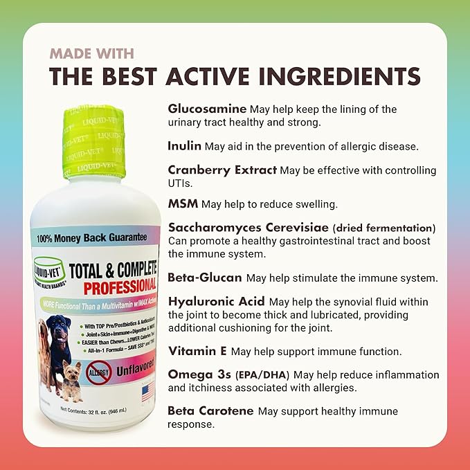 LIQUID-VET Total & Complete Support for Dogs – Joint, Allergy, Digestive & Immune Health – 10 Active Ingredients in 1 - Made for Picky Eaters (32 Fluid Ounce, Unflavored)
