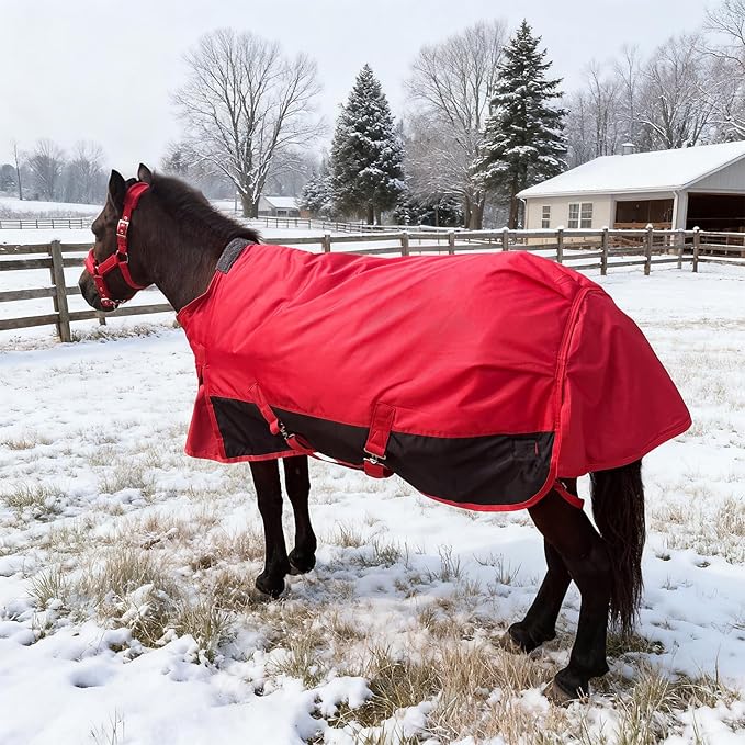 Mini Horse Pony Foal Horse Blankets,1600D Oxford Cold Weather Horse Trunout Sheets, Medium Weight Winter Horse Care Blankets with 280g Filling Liner (Red&Black, US 47 inch/EU 90 cm)
