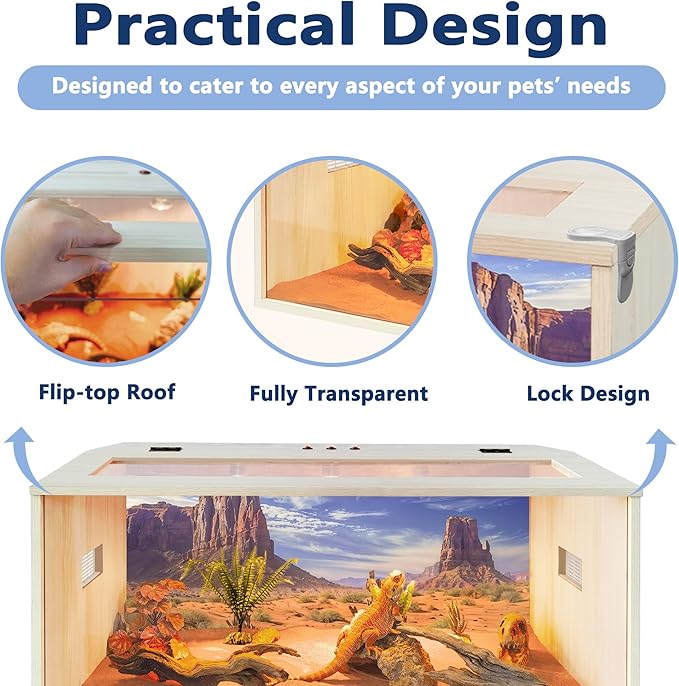 PROLEE Bearded Dragon Tank,Wooden Reptile Tank and Lizard Tank,Tempered Glass Large Bearded Dragon Enclosure with Built-in Lamp Fixture (40X20X20inch,65 Gallons)