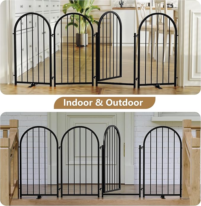 PUPETPO Full Metal Dog Gate with Door for Indoor Outdoor, 32" Tall Free Standing Pet Dog Fence, 72" Extra Wide Pet Gates for Stairs, Hallways, Doorways, Kitchen, Decks, Yards (Black, 4 Panels)