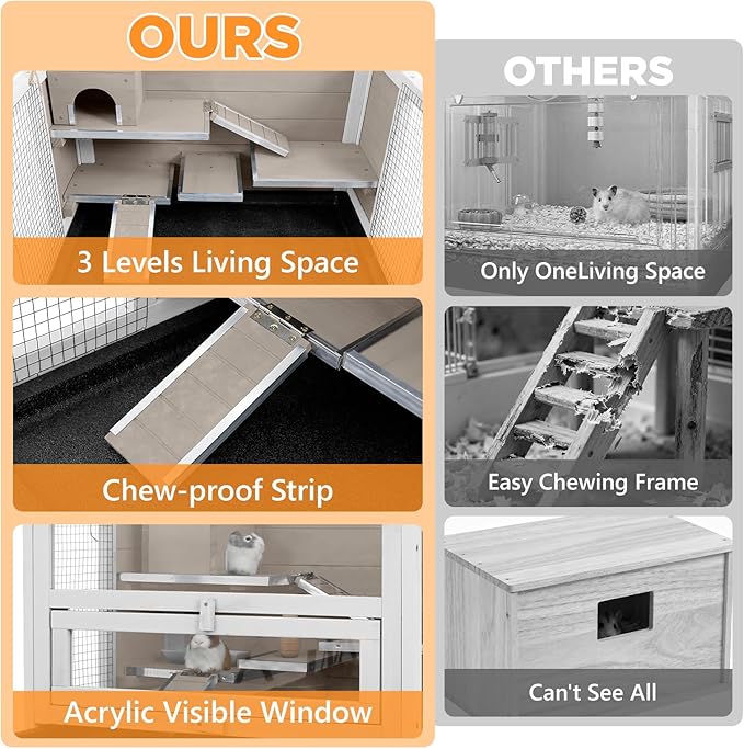 Multi-Platform Guinea Pig Cage Indoor, Wooden Ramp with Metal Chewproof Strips, Pull Out Tray, Storage Shelf, Easy Clean & Assembly, Ideal for Guinea Pig, Chinchilla, Hamster, Rat