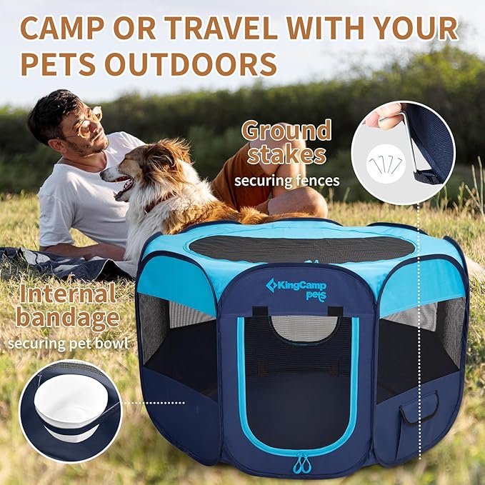 KingCamp Dog Playpen, Portable Foldable Cat Kitten Puppy Tent Crates 29"/36"/50" Pop Up Pet Playpen with Zippered Bottom & Cover for Indoor Outdoor Use (Medium, Blue)