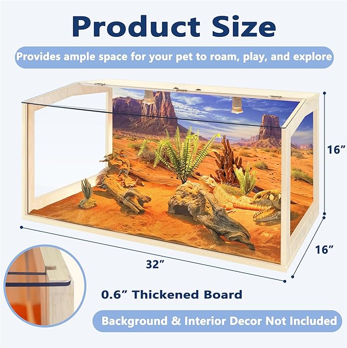 PROLEE Bearded Dragon Tank, Lizard Tank with Clear Tempered Glass Roof, Anti-Scratch Reptile Enclosure, Reptile Tank Built-in Light Fixtures with Switch (32X16X16inch,34 Gallon)
