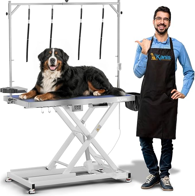 KANIS Professional Electric Dog Grooming Table - Heavy Duty, Height Adjustable Pet Grooming Table w/Leveling Wheels, Grooming Arm, Anti Slip Tabletop & Tool Organizer/Dog Grooming Station (White, 49")