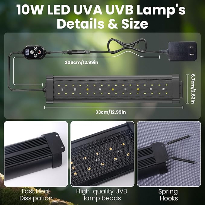 GlowUp 12 Inch 10W Dimming LED UVB Light for Reptiles, UVB 20.0/10.0/5.0/Purple Light, 3 Light Modes, Timer, UVA UVB Reptile Lamp for Tropical & Desert Reptile, Bearded Dragons, Turtles, Snakes