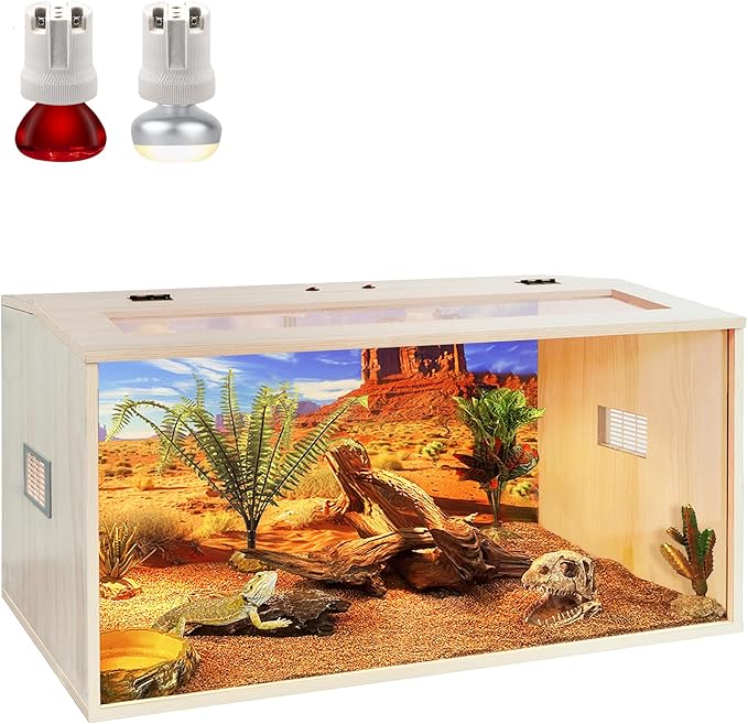 PROLEE Bearded Dragon Tank, Up to 81Gallon Reptile Enclosure, Tempered Glass Lizard Tank, Bearded Dragon Enclosure with Built-in Lamp Fixture for Chameleon (Wooden Roof, 35Gallons,32x15.5x15.5 Inch)