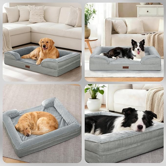 aodisman Orthopedic Dog Beds for Large Sized Dogs, Waterproof Memory Foam Big Size Pet Bed with Sides,Comfort Thick Egg-Crate Foam,Dog Couch Bed,Washable Cover & Non-Slip Bottom,Light Grey