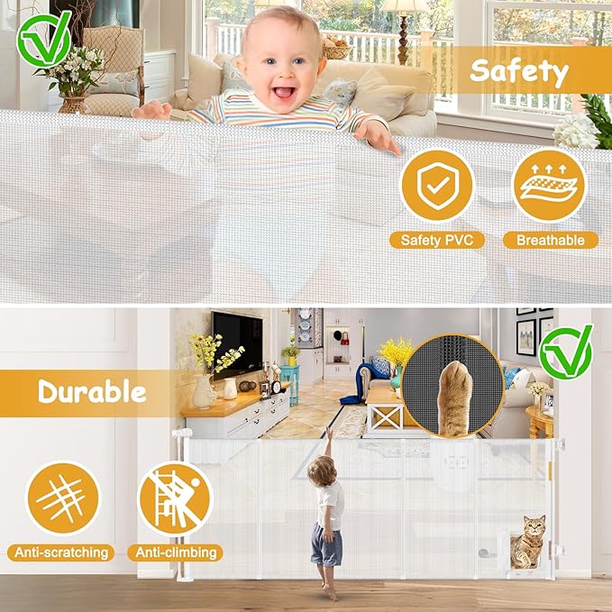 Reinforced 90” Extra Wide Retractable Baby Gate with Cat Door 33 Inch Tall Retractable Gates for Dogs Indoor with Door 7.5 Ft Extra Long Baby Gates for Large Openings Mesh Pet Gate Indoor, White