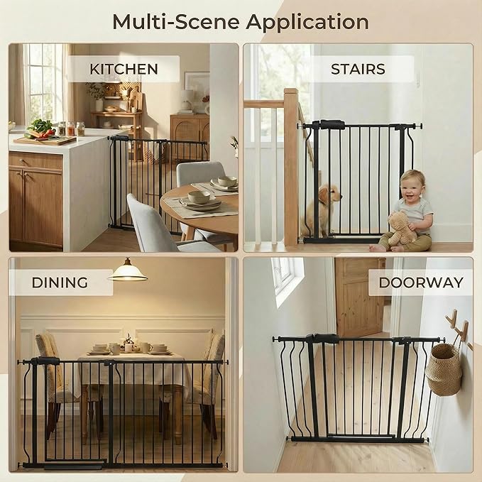 Wide Baby Gate 67-71.5 Inch Heavy Duty Steel Safety for Stairs, Pressure-Mounted Indoor Dog, No Drilling, Modern Home Design, Black