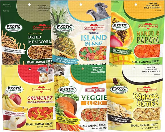 Treat Assortment 6 Pack - Pet Treat with Mix of Dried Fruits, Dried Insects, & Other Crunchies - For Sugar Gliders, Hedgehogs, Squirrels, Rabbits, Marmosets, Rats, Hamsters - Sample Variety