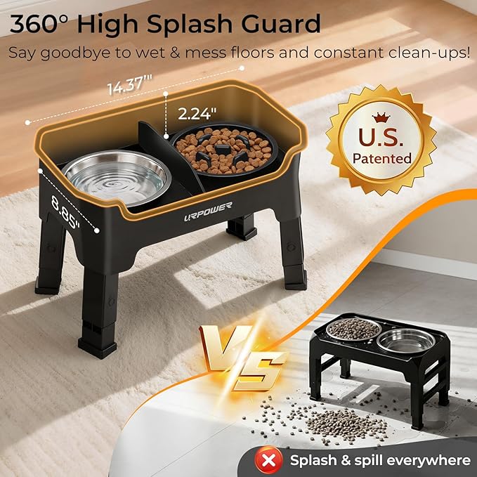 URPOWER Mess Proof Elevated Dog Bowls, High Wall Splash Guard Design, 4 Height Adjustable Raised Bowl Stand, 2 Stainless Steel Bowls, Non-Slip Food Water Set for Small, Medium Dogs