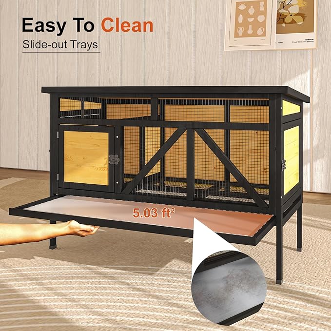 TIMHAKA 46.7" Rabbit Cage Elevated Bunny Cage Indoor, Outdoor Rabbit Hutch Hamster Cages for Small Animals, Wooden Guinea Pig Cages with Removable Tray & Waterproof Asphalt Roof & Bottom Wire Mesh