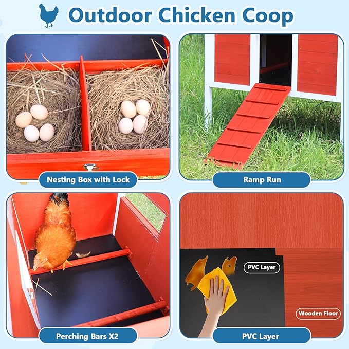 FunXplore Chicken Coop Hen House Wooden Insulated Poultry Cage Rabbit Hutch with Nesting Box Asphalt Roof Pull-Out Metal Tray Elevated Legs Removable PVC Layer
