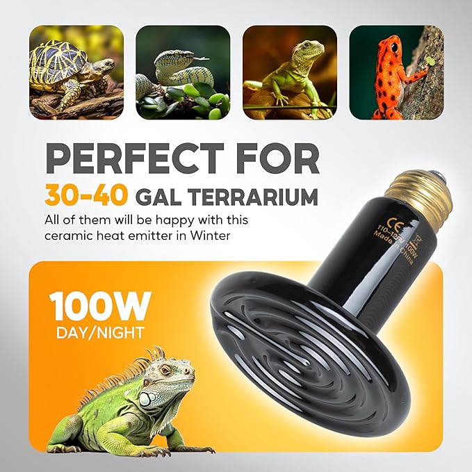 HealSmart 100W Reptile Heat Lamp Ceramic Heat Emitter, No Light Emitting Heat Bulbs, Suitable for Snake/Lizard/Spider, Plant Growth and Incubating Chicken, 2-Pack