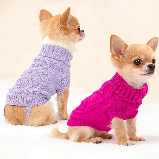 2 Pieces Chihuahua Clothes Small Dog Sweater, Spring Winter Cute Knitwear Turtleneck Thick Warm Clothes for Yorkie Cat Extra Small Dog Clothes (X-Small, Plaid Rose+Purple)