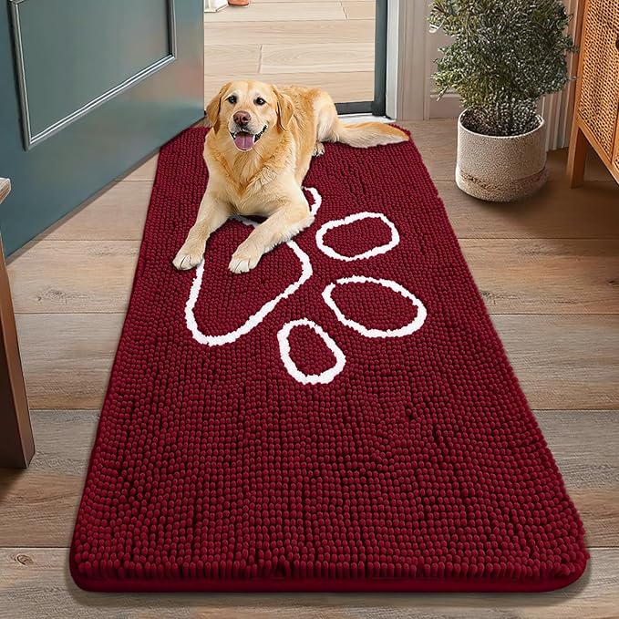 Smiry Dog Door Mat for Muddy Paws, Absorbent Dirt Trapper Non Slip Quick Dry Washable Chenille Mat for Mud Dogs, Entry Rug for Indoor and Outdoor (48x30 Inches, Burgundy and White)