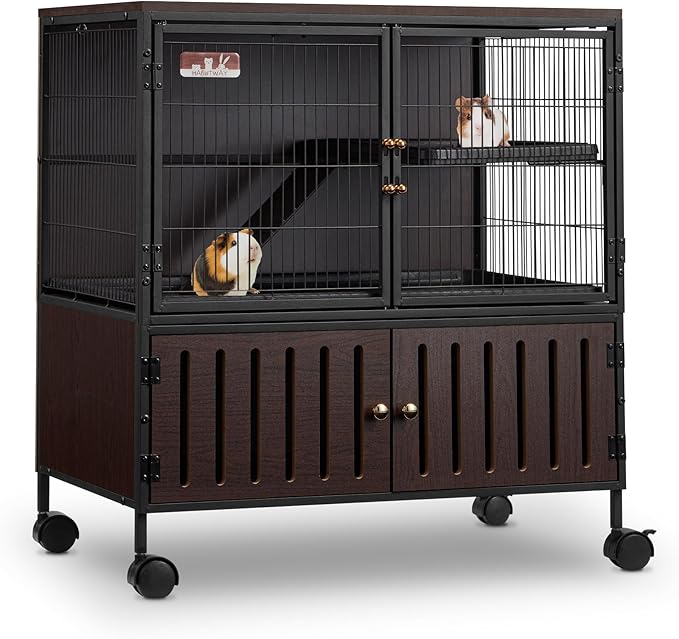 HABUTWAY 36.5''H Metal Large Ferret Cage, Rolling Chinchilla Cage with Removable Ramps& Double Door, with Locker, Small Animal Cage, Rat Indoor Wooden Pet Crate Furniture