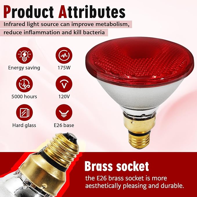 Heat Lamp, 175W Heat lamp Bulbs, PAR38 Infrared Heat lamp, Halogen Heat for Food Service, Brooder Bulb, Chicks, Pet, Bathroom, Light Therapy Use E26 Base, Flood Light Heat Lamp. 2 Pack