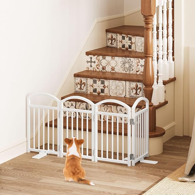Snughome Short Dog Gate Indoor, 19.69" H Freestanding Small Dog Door Gates with Support Feet, Expands Up to 48" Wide Foldable Pet Gates for Doorway, 4 Panel Folding Pet Door Pet Fence for Puppy, White