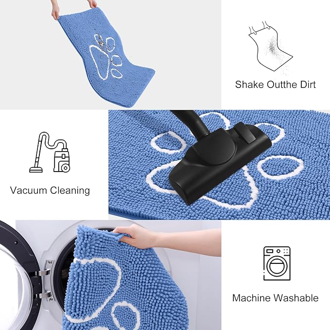Smiry Dog Door Mat for Muddy Paws, Absorbent Dirt Trapper Non Slip Quick Dry Washable Chenille Mat for Mud Dogs, Entry Rug for Indoor and Outdoor (48x30 Inches, Cornflower Blue and White)