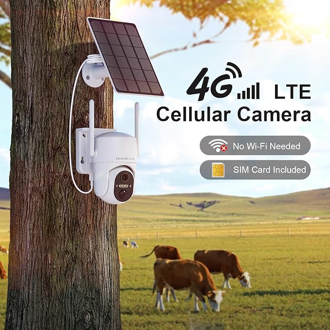HOSAFE.COM 4G LTE Cellular Security Camera Wireless Solar Powered, No WiFi Security Camera Outdoor, 2K PTZ 360° Color Night Vision, SIM Card Included, IP66 Waterproof for Farm Barn Jobsite Off-Grid