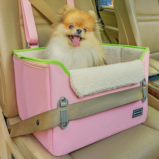 PETSFIT Small Dog Car Seat – Patented Safety Buckles – Safety Tether – Foldable Travel Cat Car Seat Reduces Anxiety & Road Trips – Stable Frame, Soft Cushion, Fits Front/Back Seat (Pink)