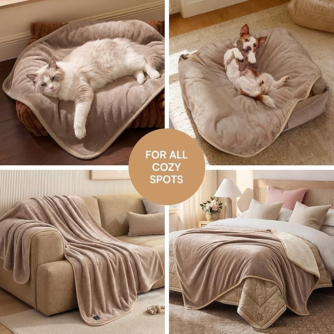 Luciphia Waterproof Blanket for Dog Washable Reversible Sherpa Fleece Throw Blanket for Bed Couch Soft Liquid Pee Proof Furniture Cover Protector for Small Medium Large Pet Cat Khaki 65" x 57"