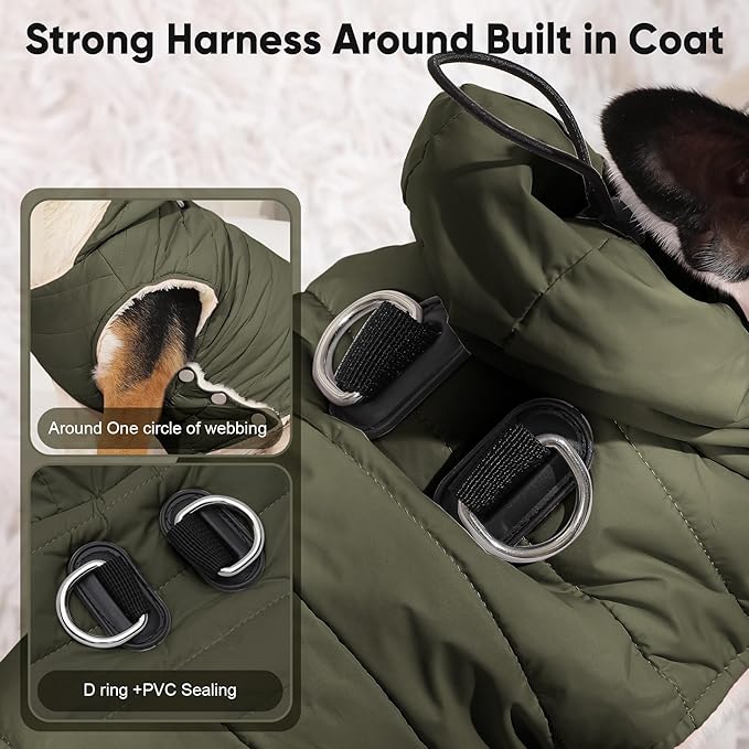 Vecomfy Fleece Lining Dog Hoodie with Harness Built in,Extra Warm Small Dog Jacket in Winter Puppy Coats with Drawstring Hooded,Green M