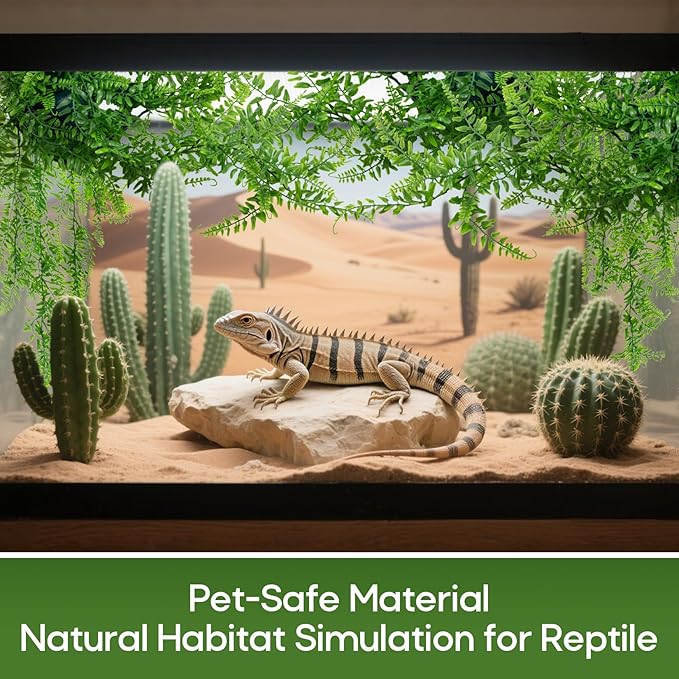 RAINFLOW 2PCS Reptile Plants for Terrarium - Fake Hanging Terrarium Plants, Artificial Boston Fern for Bearded Dragon Snake Geckos Hermit Crab Lizard Chameleon Turtle Reptile Decor(L30 xW5.1)
