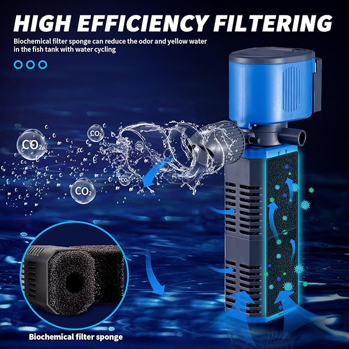 Aquarium Filter for 40-150 Gal, 4 in 1 Silent Submersible Aquarium Filter Biochemical Filtration 475 GPH Powerful Water Pump Wavemaker