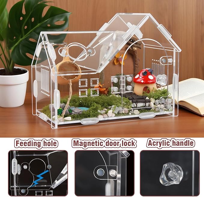 Acrylic Jumping Spider Terrarium with Magnetic Lock – 5.6” Tall Transparent Enclosure for Tarantulas, Hermit Crabs & Small Insects – Secure Ventilated Habitat with Easy Snap Assembly