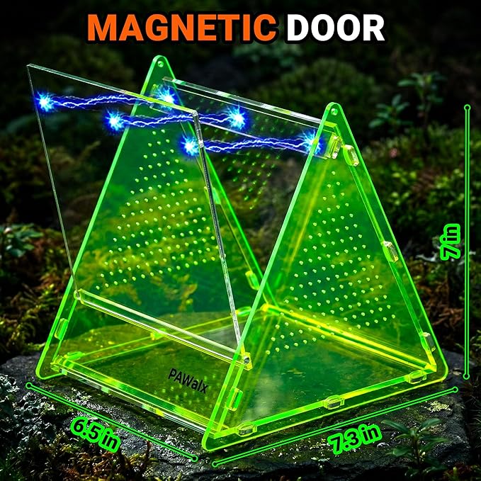 Triangular Jumping Spider Enclosure, Acrylic Terrarium with Magnetic Doors, 0.8mm Micro-Ventilation& Escape-Proof Design for Tarantulas, Lizards, Small Pets (Green,6.5"x7.3"x7")