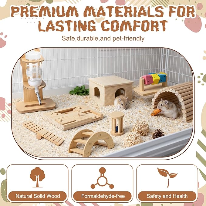 Leinuosen 19 Pcs Hamster Cage Accessories Toy Set Large 12*9*7 Inch Wood House with Window and Water Bottle with Stand Foraging Toy Hideout Hamster Climbing for Starter Guinea Pig Small Animal Habitat
