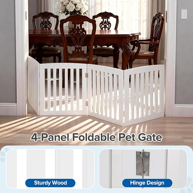 DUMOS Pet Gate for Dogs and Cats, 24 Inch 4 Panels Foldable Wooden Freestanding Dog Gate with Hinge Design, Indoor Portable Extra Wide Dog Fence Pet Barrier for Doorways, Stairs, Kitchen, White