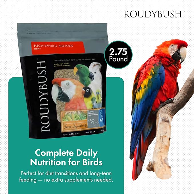 RoudyBush High Energy Breeder Food for Breeding & Weaning Birds - Scientifically Formulated Bird Feed - Bird Food Pellets w/Corn, Wheat, Soy - Nutritious & Healthy Feed for Birds (Nibles, 44oz)