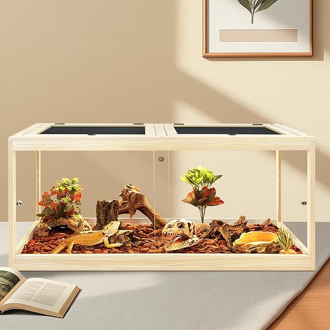 PROLEE Reptile Tank, 82 Gallon Beard Dragon Tank, Tempered Glass Reptile Encloure and Snake Tank with Locking Design for Lizard,Gecko,Chameleon (48"X19.5"X19.5",Oak)