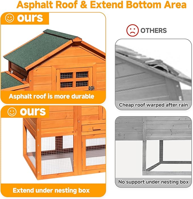 Large Chicken Coop Outdoor Durable Duck House Poultry Pet Hutch & 2 Wood Eggs Run Cage Nesting Box Waterproof Asphalt Roof Ramp Removable Tray Wire Fence for Backyard Small Animal79 Brown